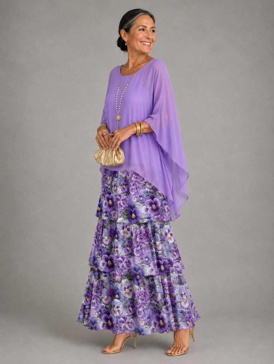 Side view of the dress with a lilac cape top over tiers printed with purple pansies, worn with a gold clutch. 40