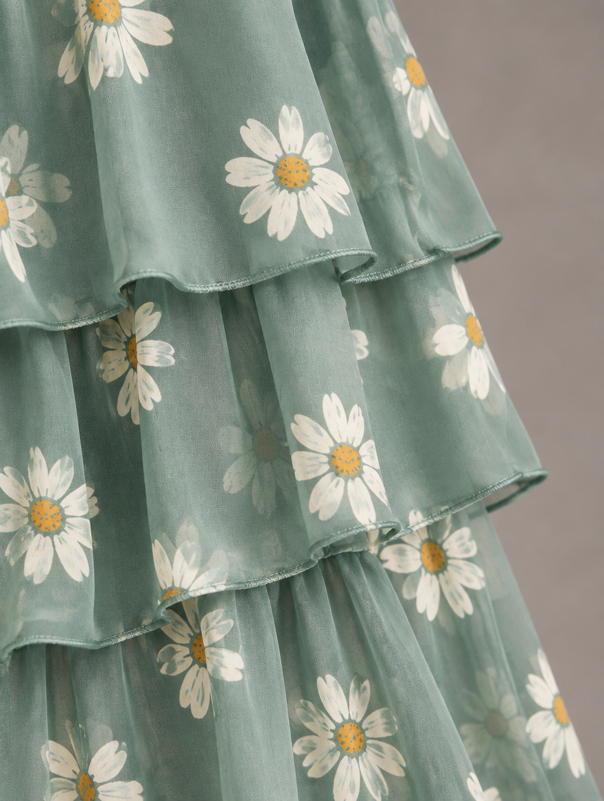 Close-up of the sage green tiered fabric printed with white and yellow daisies. 35