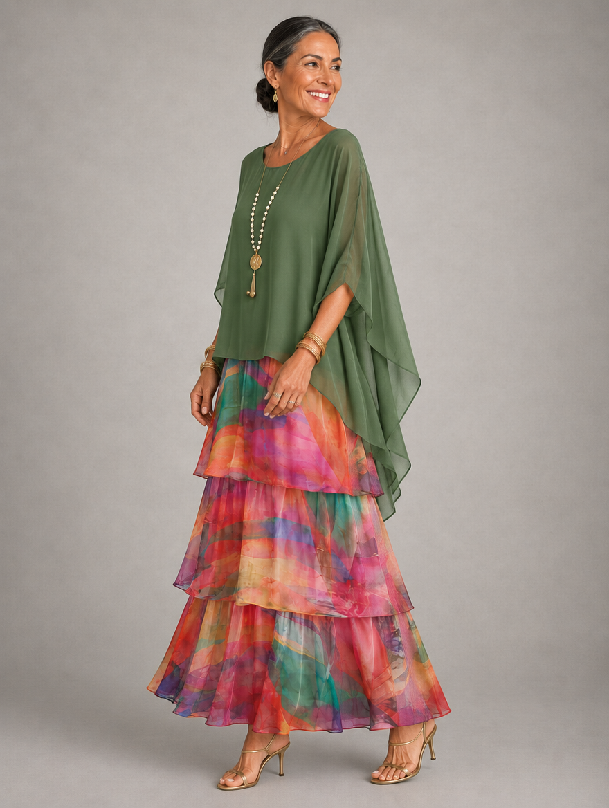 Side view of the dress with an olive green cape top over tiers in a multicoloured watercolour print. 37