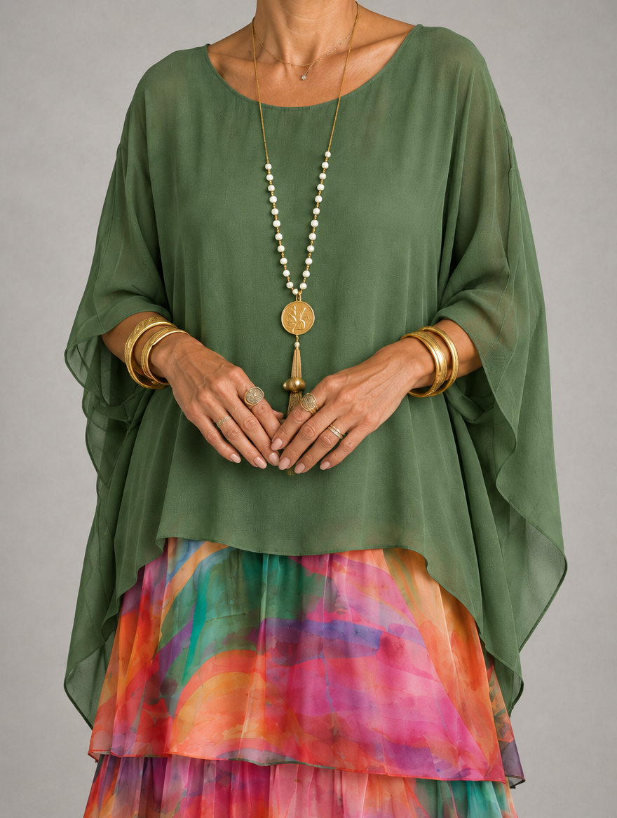 Upper body detail of the olive green sheer top with flowing sleeves, over the multicoloured printed tiers. 39