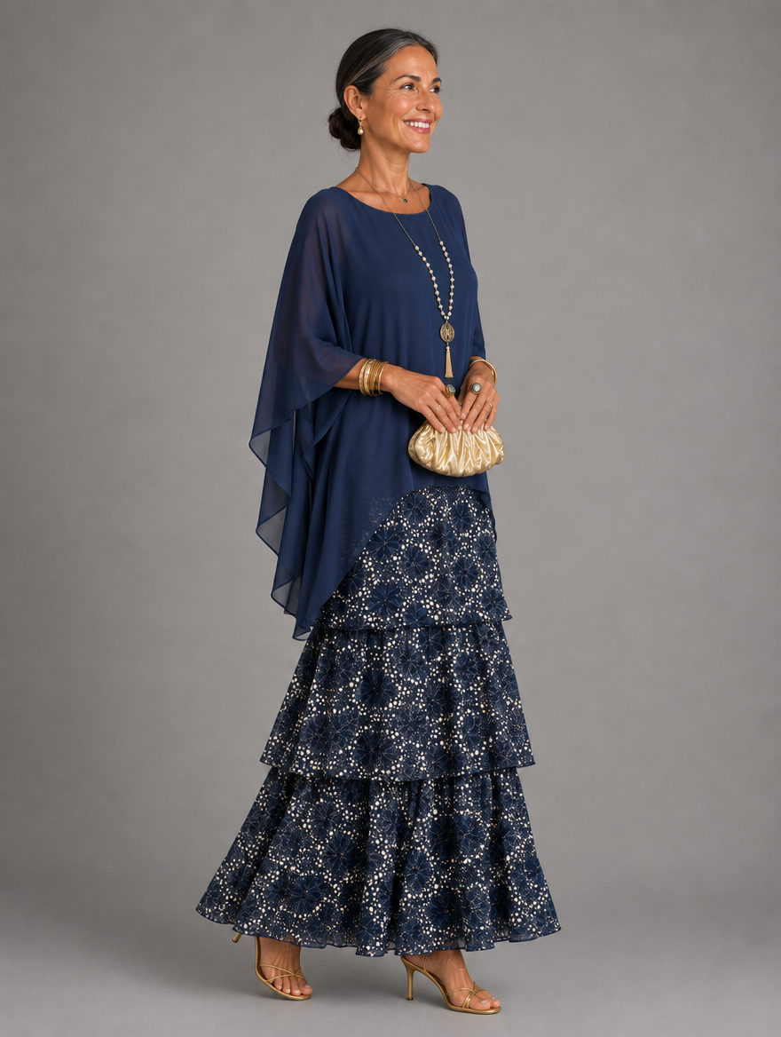 Full-length side view of a smiling model in a navy chiffon overlay and tiered skirt with a pale speckled print, holding a gold clutch. 43