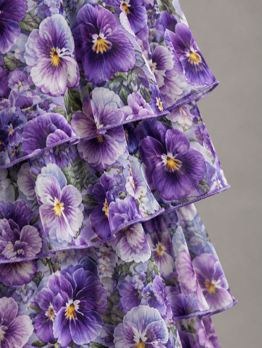 Close-up of tiered ruffles in a purple pansy print with narrow purple edging, against a plain grey background. 41