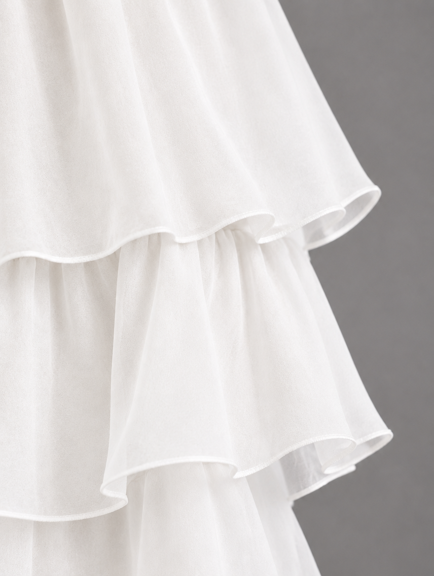 Close-up of the layered white organza ruffles with delicate rolled edges. 29
