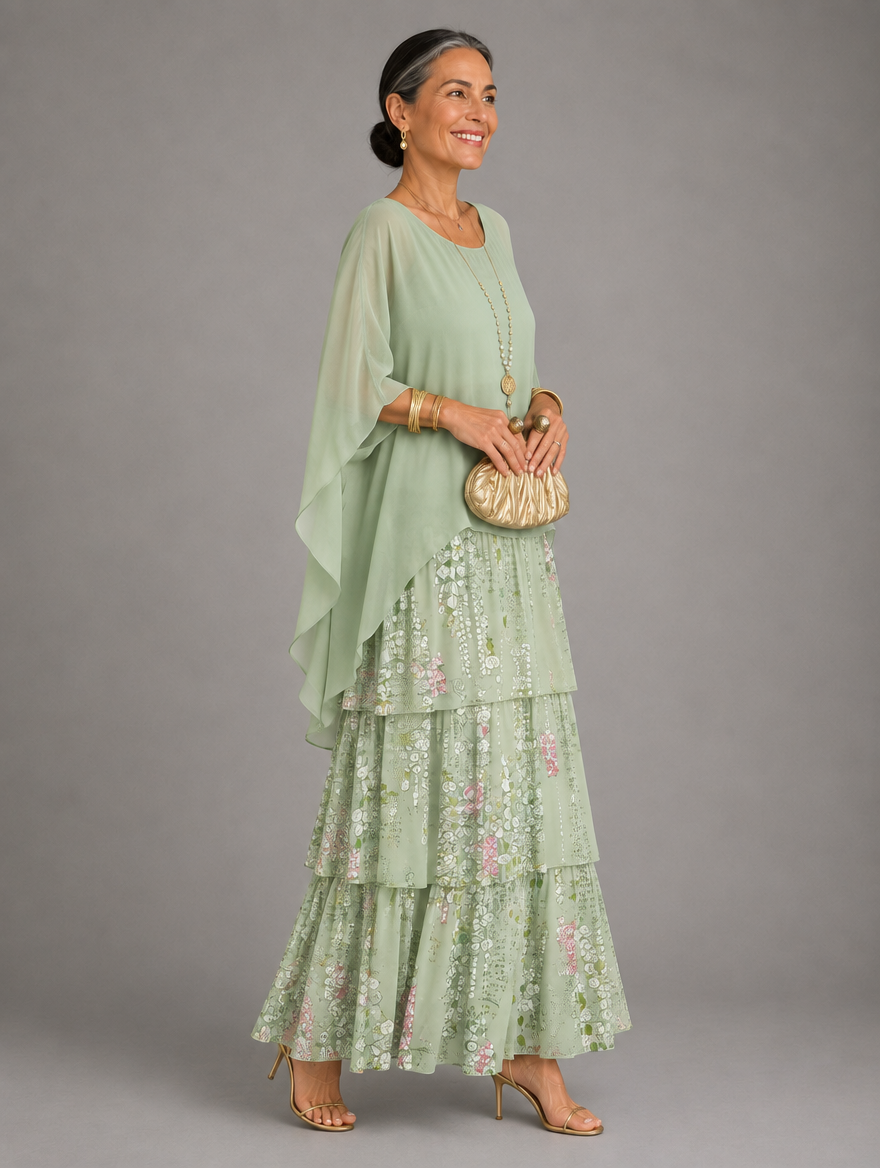 Full-length side view of a smiling model in a pale sage green chiffon overlay and tiered floral skirt, holding a gold clutch. 46