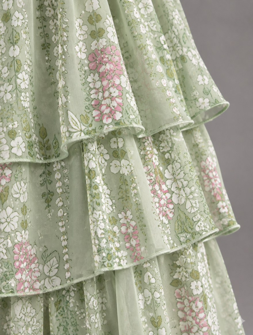 Close-up of sage green tiered ruffles printed with white and pink flowers, showing the fine edging on each layer. 47