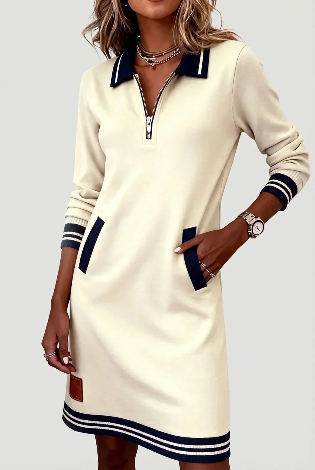 Model wearing the cream version with navy striped collar, cuffs and hem, one hand tucked into a pocket. 2
