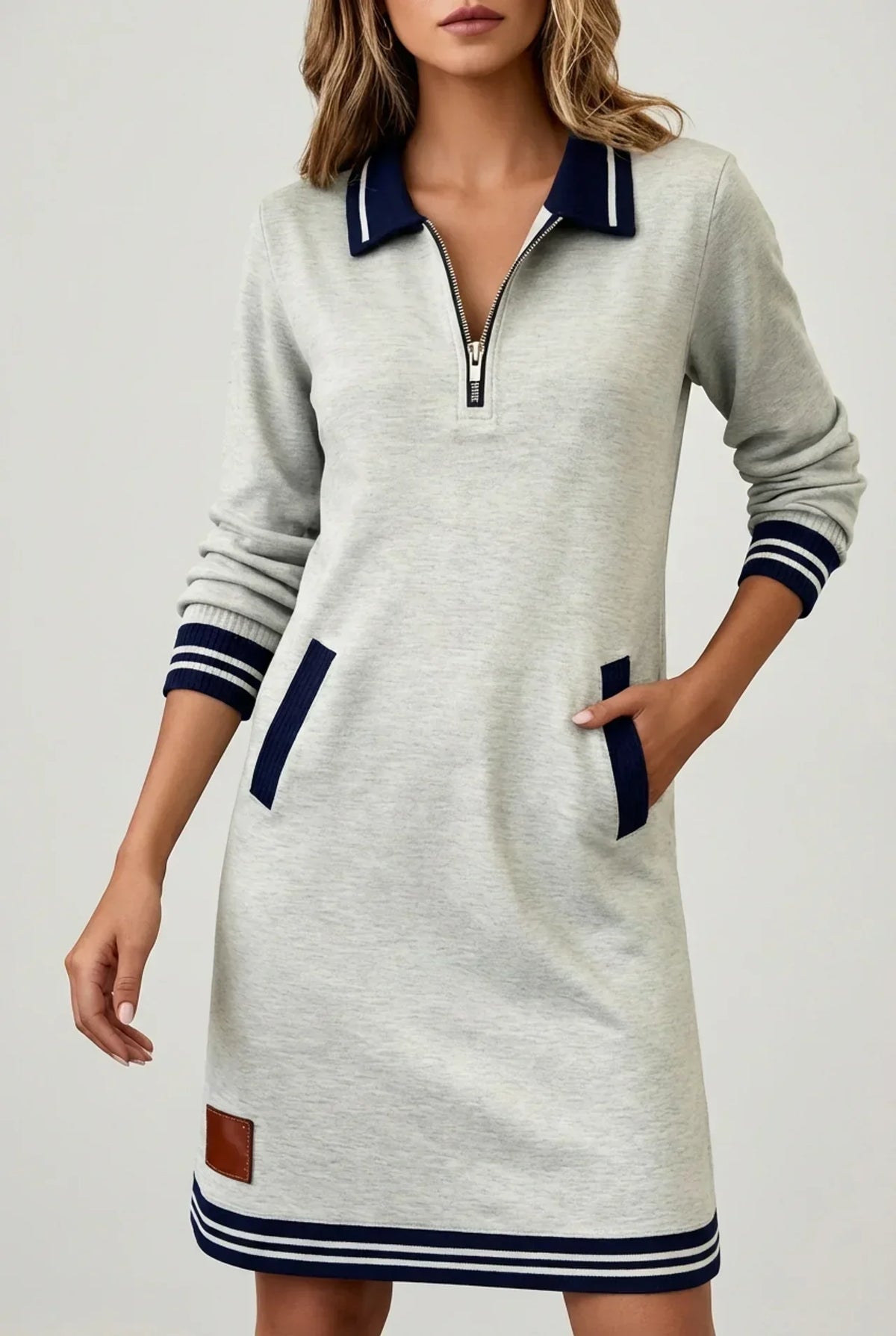 Model wearing the light grey dress with hand in pocket, showing navy ribbed pocket trim and tan leather-look patch. 7