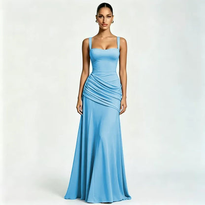 Light blue dress on a model, front view with square neckline, wide straps and ruched side drape. 20