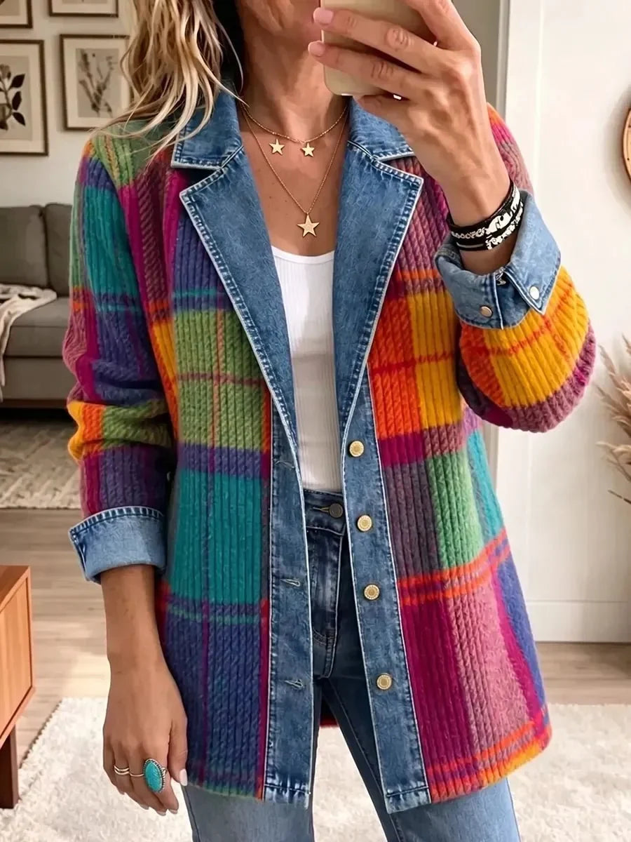 Front view of the colourful plaid jacket worn open over a white top, showing denim lapels, button placket and turned-back denim cuffs. 1