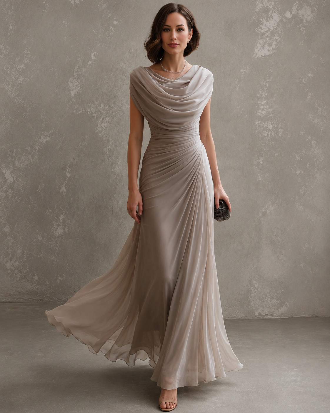 Model in the taupe-grey chiffon maxi dress with a draped cowl neckline and ruched waist, skirt flowing as she walks, holding a clutch. 1