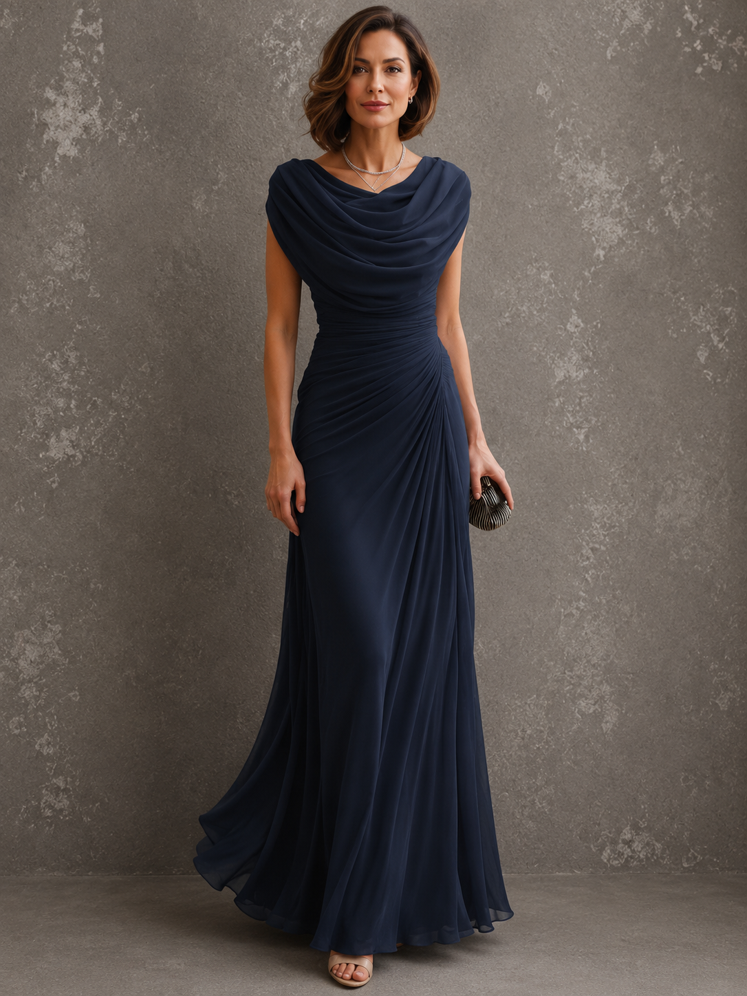 Model in the dark navy version of the draped maxi dress, facing forward with a clutch in hand and the skirt gently flared. 4