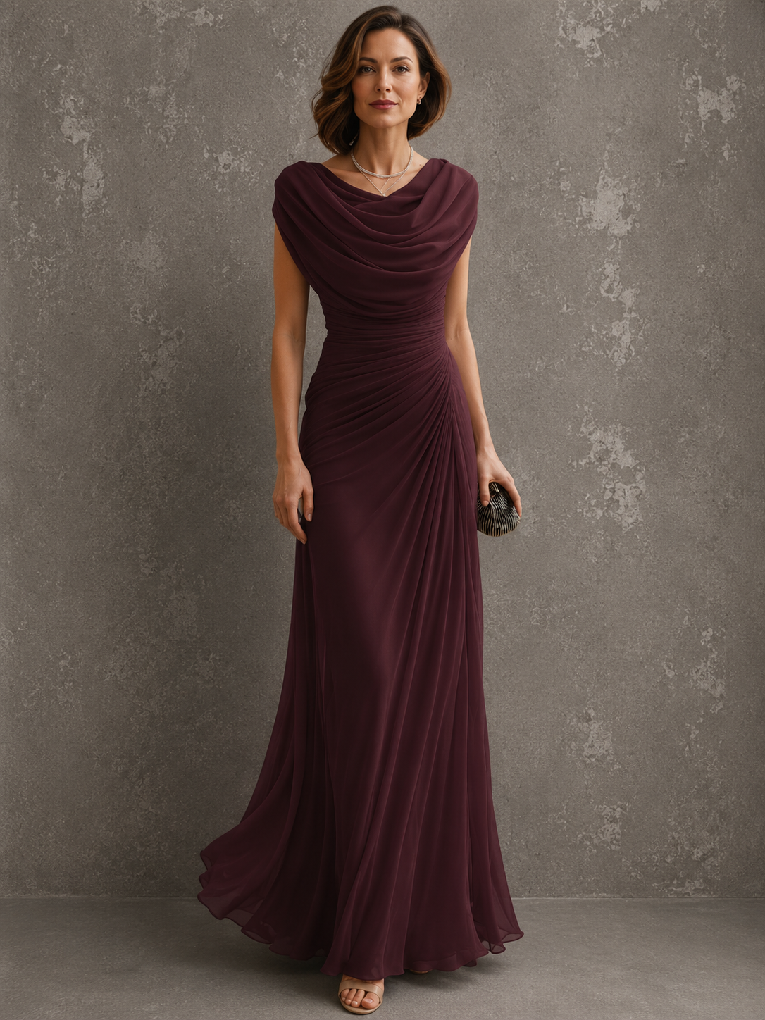 Model in the deep burgundy version of the draped maxi dress, standing straight on to show the cowl neck and gathered waist. 6