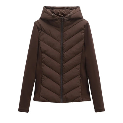 Brown hooded padded jacket with chevron quilting, drawstring hood, front zip and zipped side pockets, shown flat from the front. 7