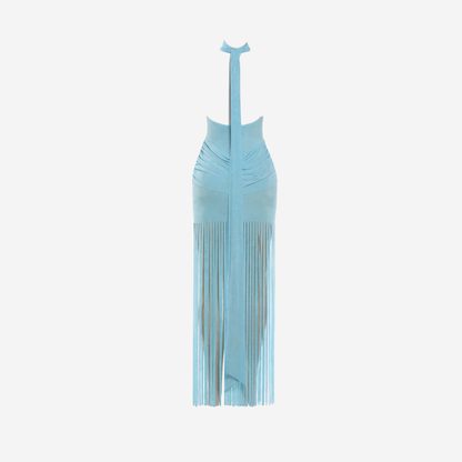 Halter Neck Fringe Maxi Dress Women's Ruched Bodycon Open Back