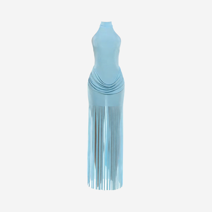 Halter Neck Fringe Maxi Dress Women's Ruched Bodycon Open Back