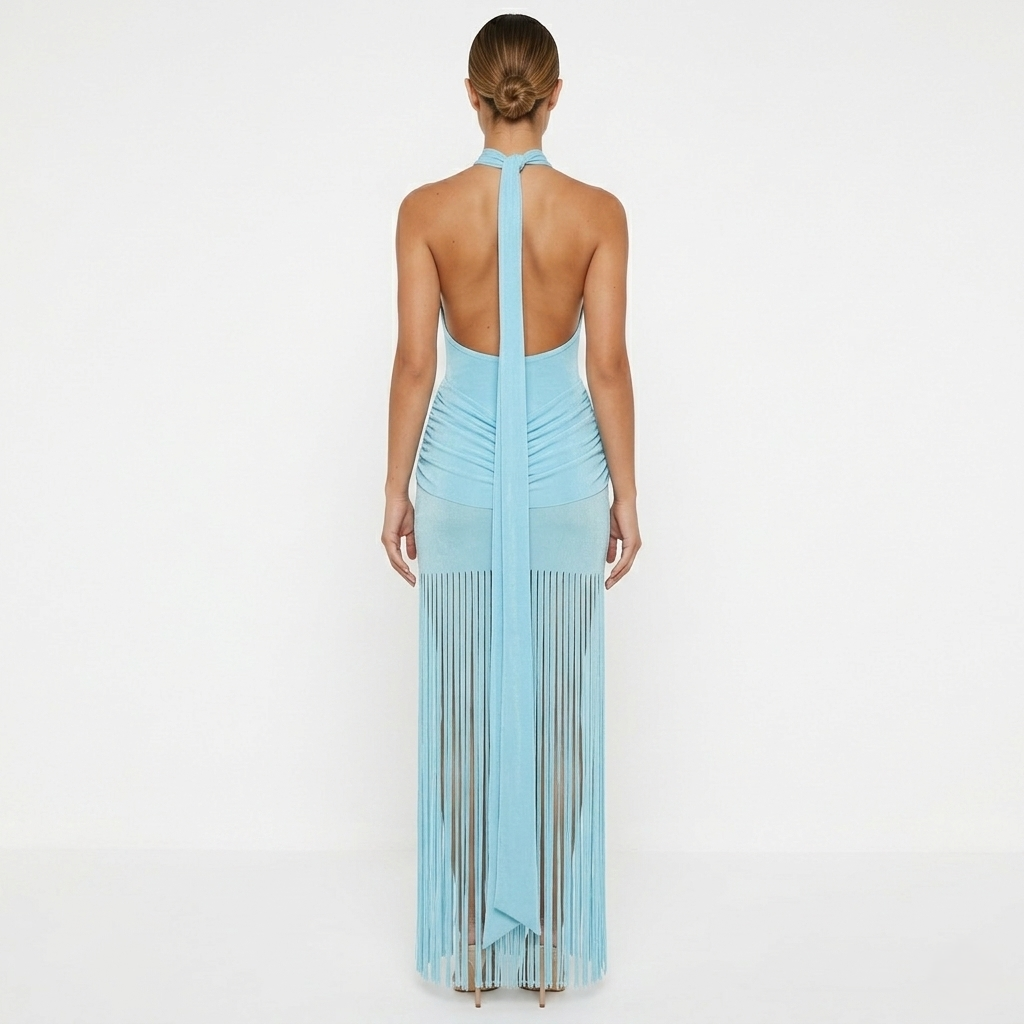 Halter Neck Fringe Maxi Dress Women's Ruched Bodycon Open Back