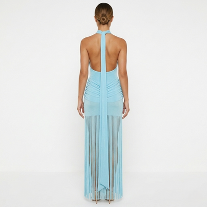 Halter Neck Fringe Maxi Dress Women's Ruched Bodycon Open Back