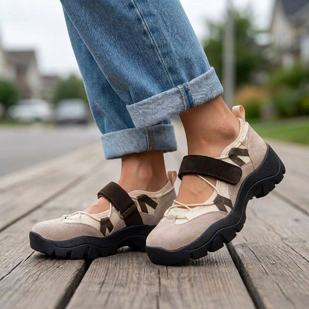Beige suede shoes with brown straps worn with rolled jeans, standing on a wooden boardwalk in a residential street. 6