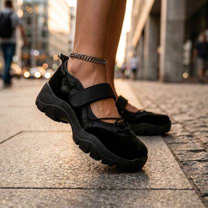 Side view of black suede shoes with a chunky sole and strap, worn with a silver chain anklet on a city pavement. 13