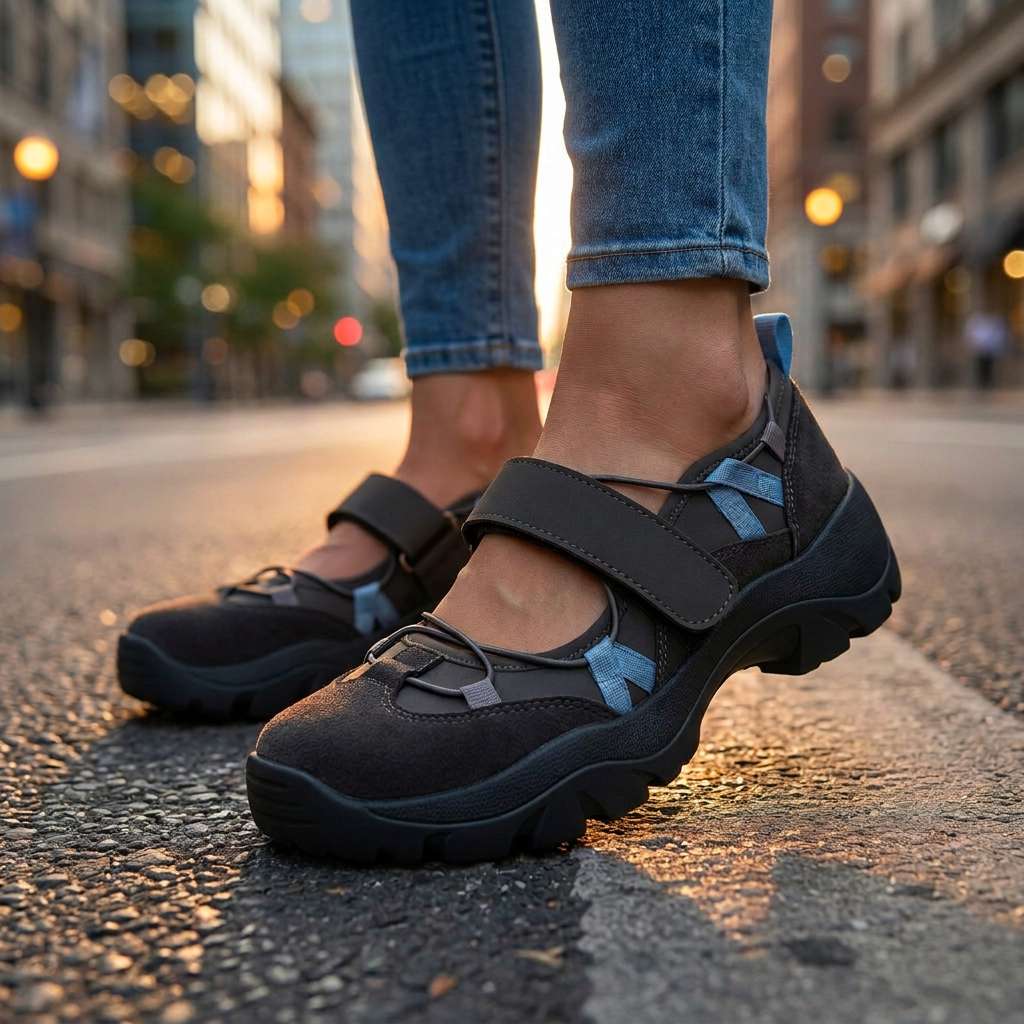 Close-up of dark shoes with blue lace accents and a strap, worn on an asphalt road at sunset. 7