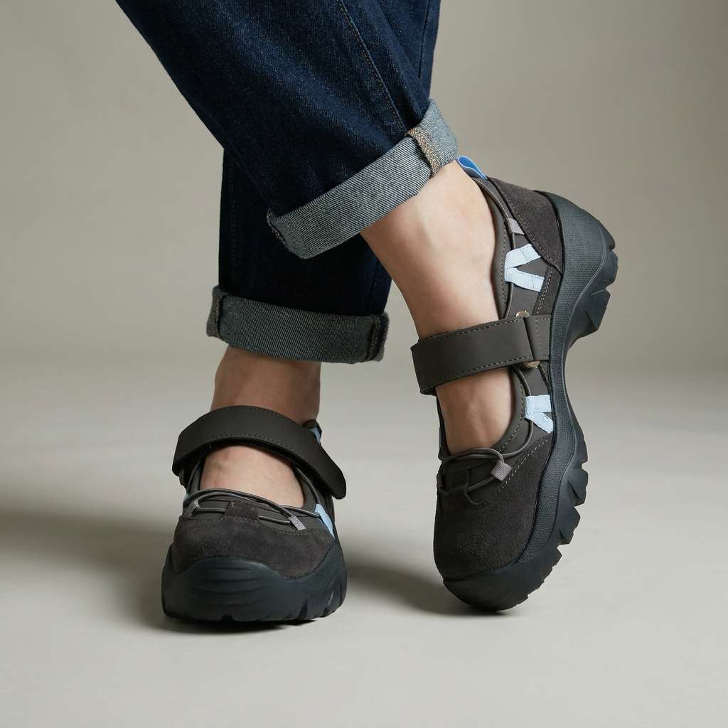 Dark grey suede shoes with light blue lace accents and a strap, worn with cuffed dark jeans against a plain backdrop. 2