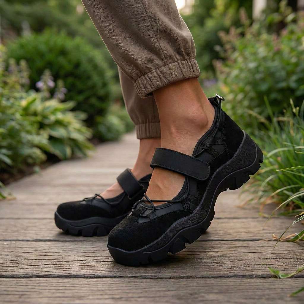 Black suede shoes with a strap worn with khaki cuffed trousers, on a wooden garden path among green plants. 10