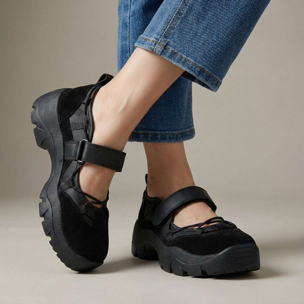 All-black suede and leather shoes with a hook-and-loop strap and chunky black soles, worn with cropped blue jeans. 5