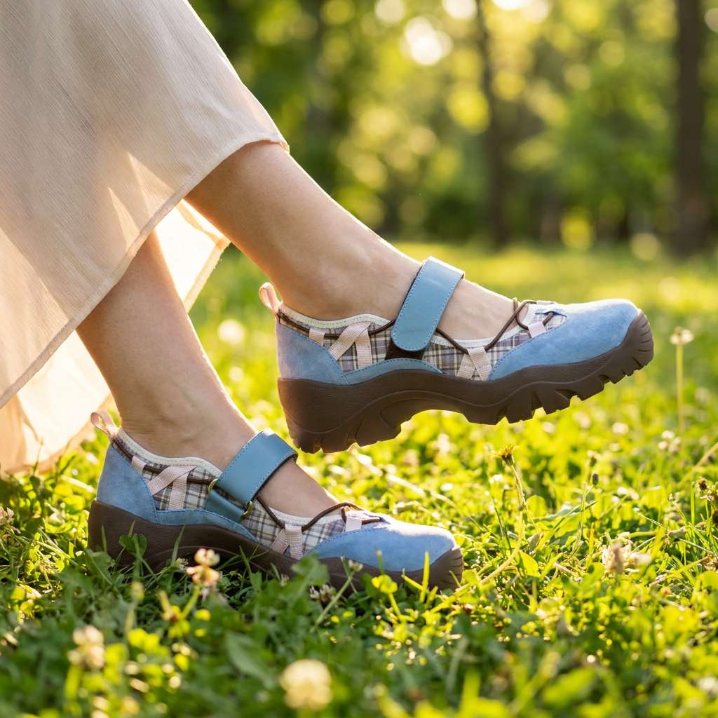 Blue suede plaid shoes with brown soles worn with a flowing cream skirt, stepping through sunlit green grass. 8