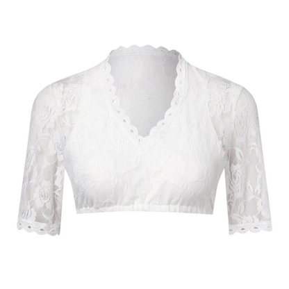 Front view of the cropped white lace blouse laid flat, showing the scalloped V-neckline and short sleeves with scalloped cuffs. 3