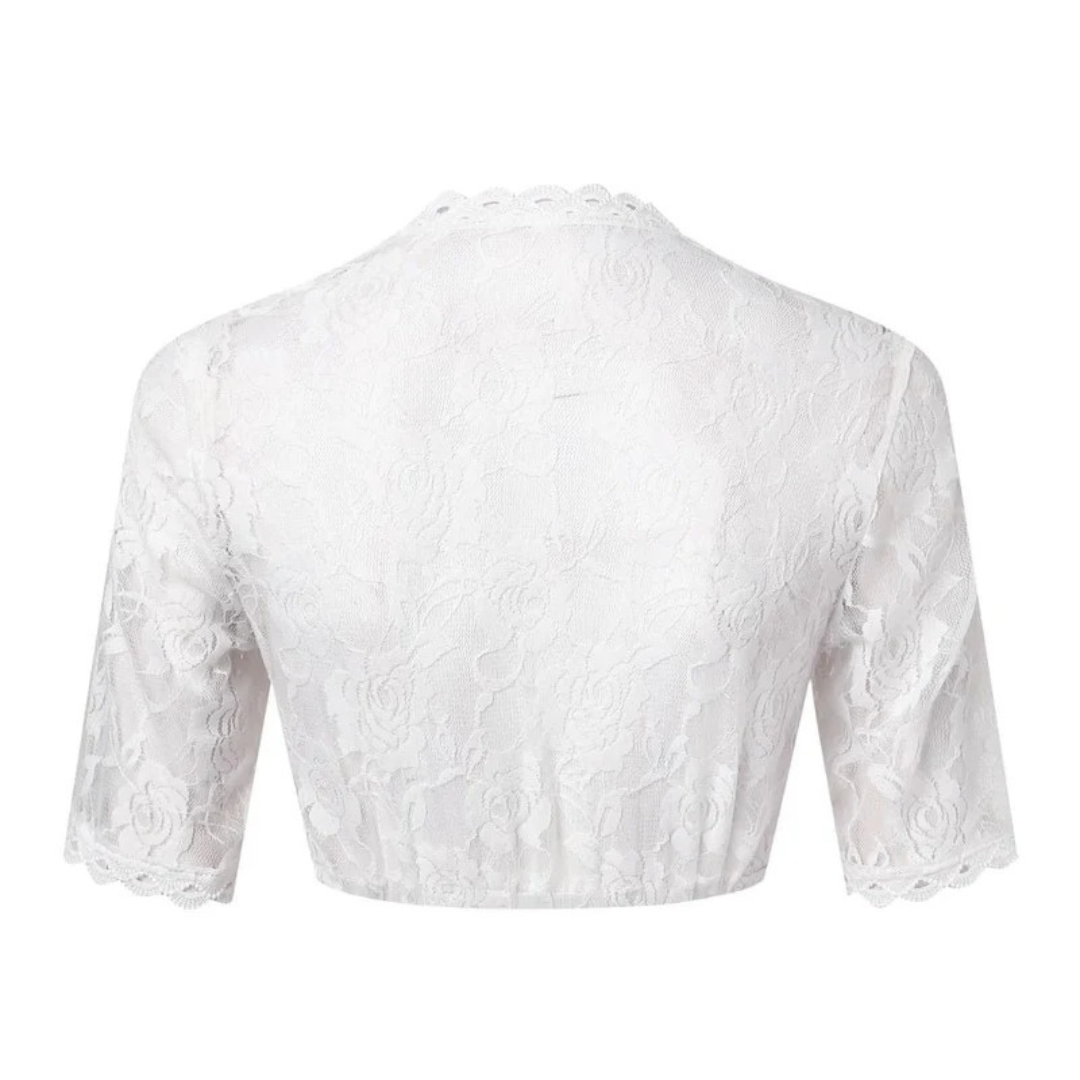 Back view of the white rose lace blouse on its own, showing the sheer back, scalloped collar edge and gathered hem. 5