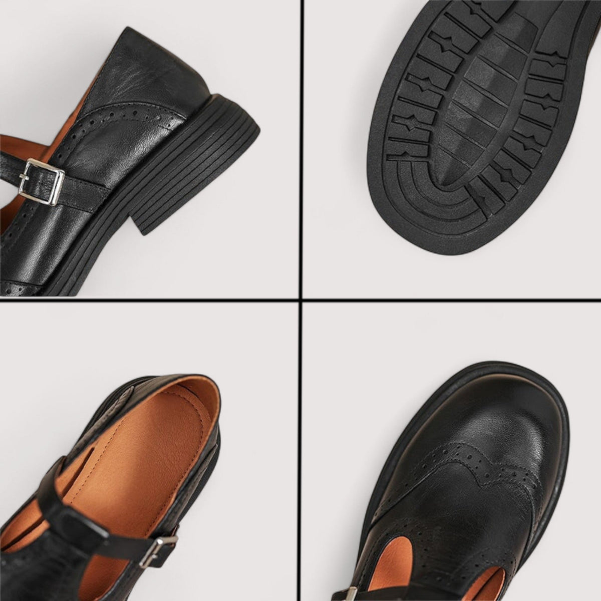 Four close-ups of the black shoes: heel and buckle strap, treaded outsole, tan insole, and perforated toe cap. 6