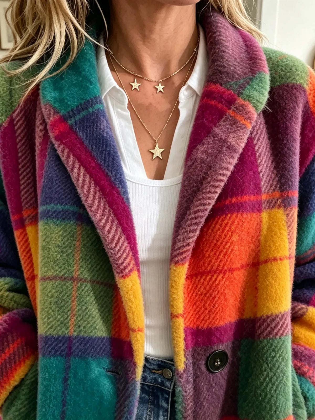 Close-up of the coat's lapel and fuzzy twill plaid texture, with a dark button, worn over a white top and star necklaces. 2