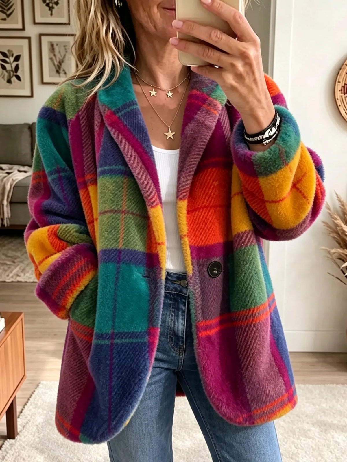 Woman taking a mirror selfie in a fluffy, bold plaid coat in teal, orange, yellow and magenta, worn open over jeans. 1
