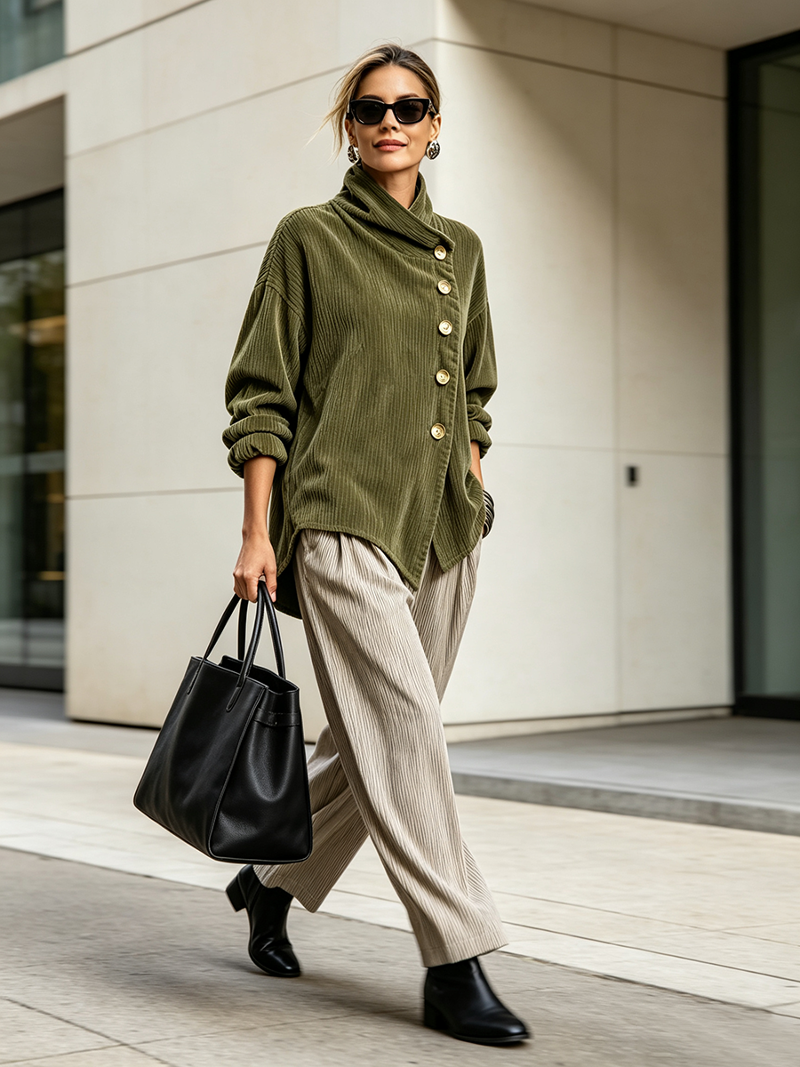 Full-length view of the olive corduroy top worn with wide beige trousers, black ankle boots and a large black tote bag. 3