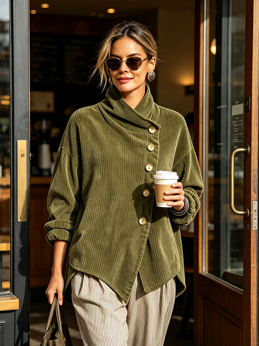 Model in the olive corduroy top and striped trousers, sunglasses on, stepping out of a cafe doorway holding a coffee cup. 2