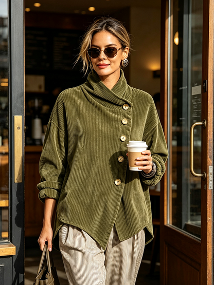 Model in the olive corduroy top and striped trousers, sunglasses on, stepping out of a cafe doorway holding a coffee cup. 2