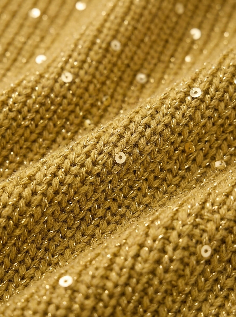 Close-up of the gold chunky ribbed knit fabric, with small sequins and metallic thread glinting between the stitches. 7