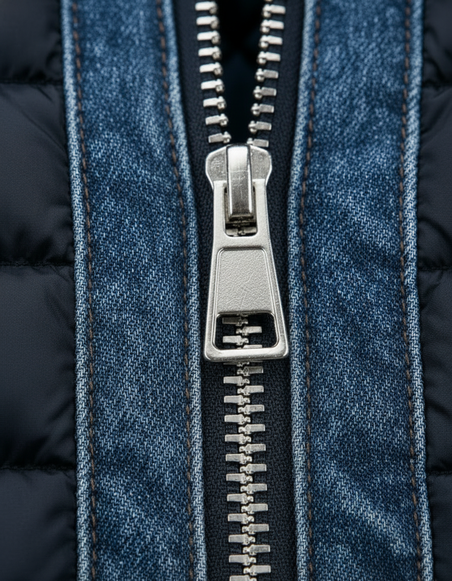 Extreme close-up of the silver metal zip and pull, set between stitched denim strips and navy padding. 4