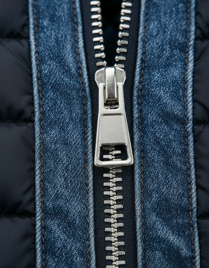 Extreme close-up of the silver metal zip and pull, set between stitched denim strips and navy padding. 4