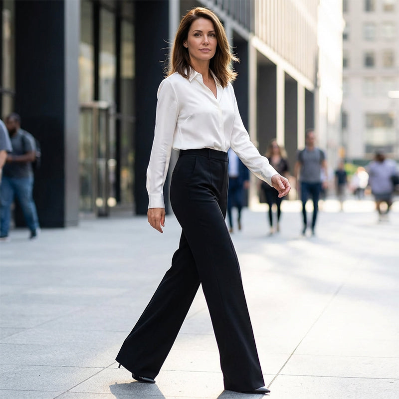 Model walking along a city pavement in black high-waisted wide-leg trousers, a white blouse tucked in and black heels. 9
