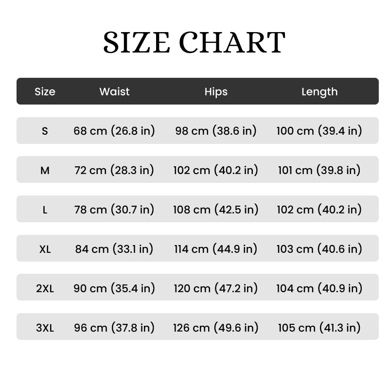 Size chart table listing waist, hip and length measurements in centimetres and inches for sizes S to 3XL. 16