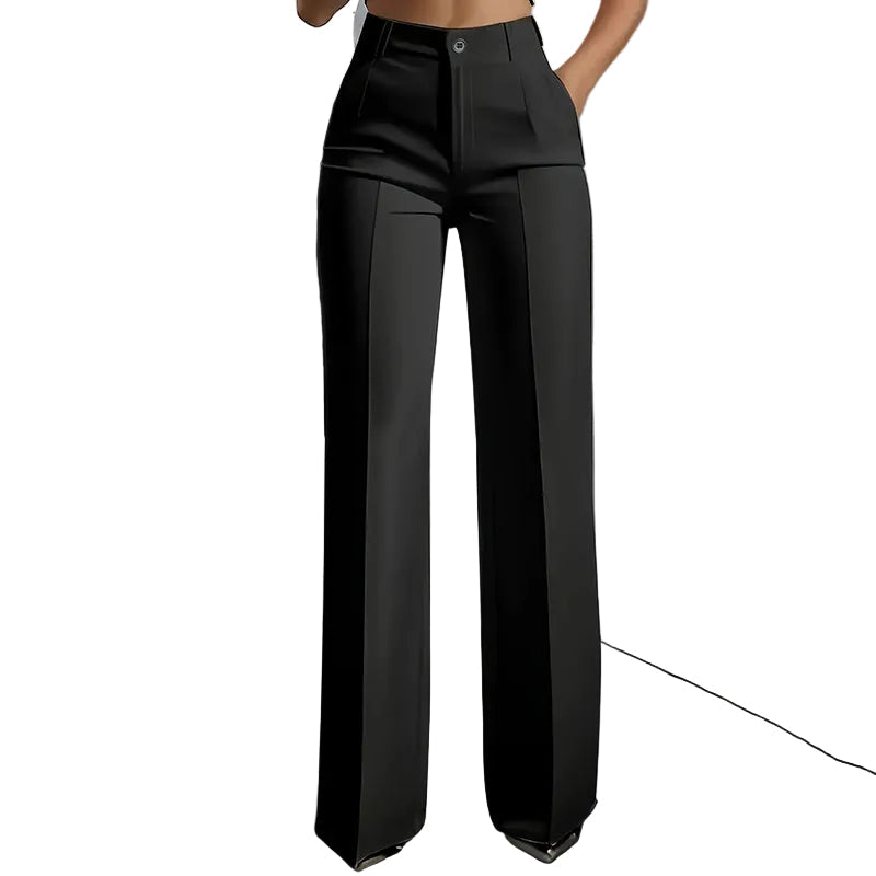 Front view of black high-waisted straight-leg trousers with centre crease, front button fastening and a hand resting in the pocket, on a white background. 1
