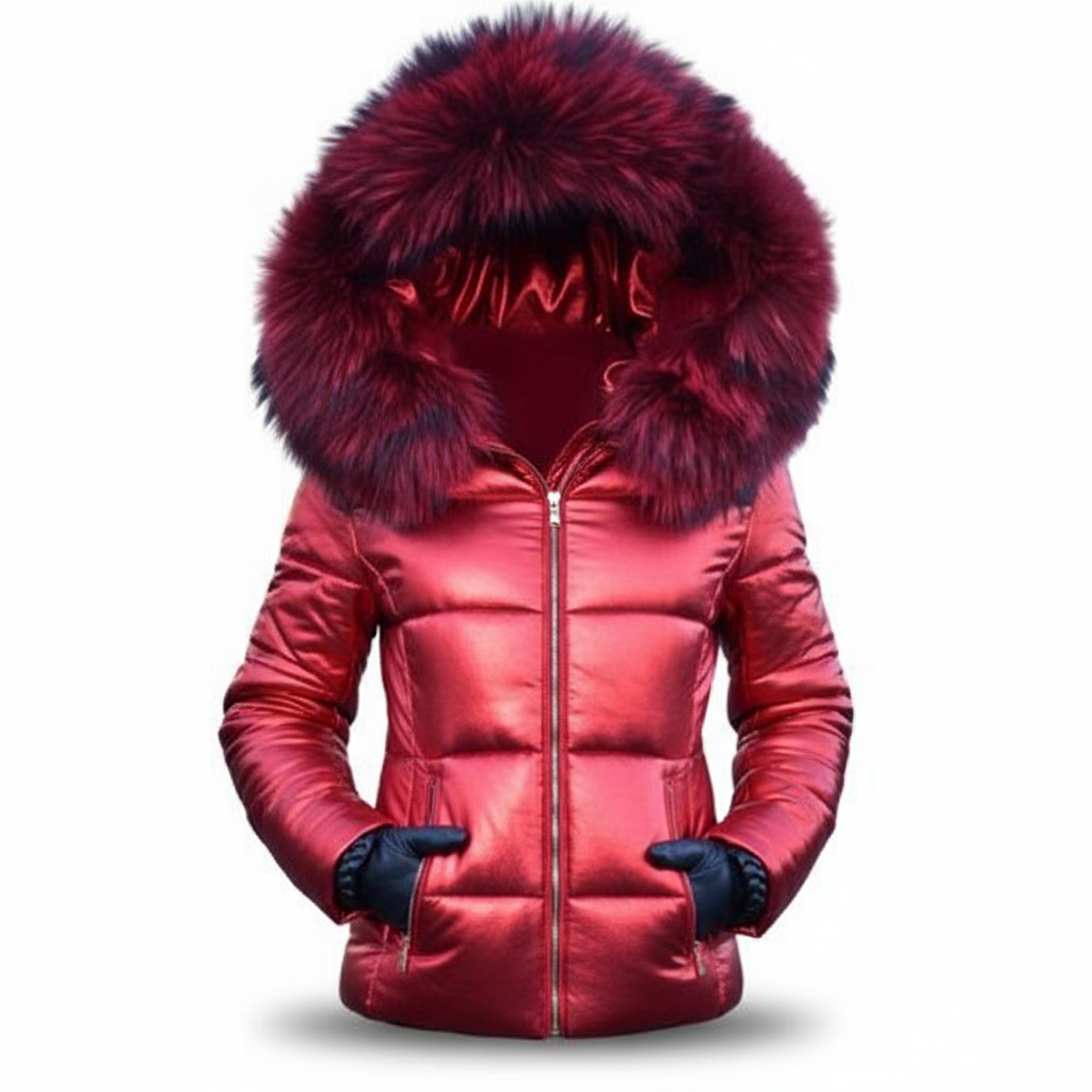 Metallic red quilted jacket with deep red fur-trimmed hood, zipped up, with black gloved hands resting in the pockets. 10
