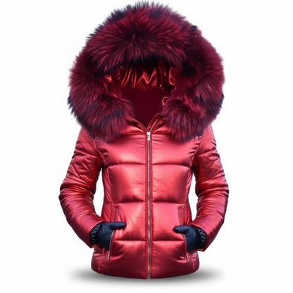 Metallic red quilted jacket with deep red fur-trimmed hood, zipped up, with black gloved hands resting in the pockets. 10