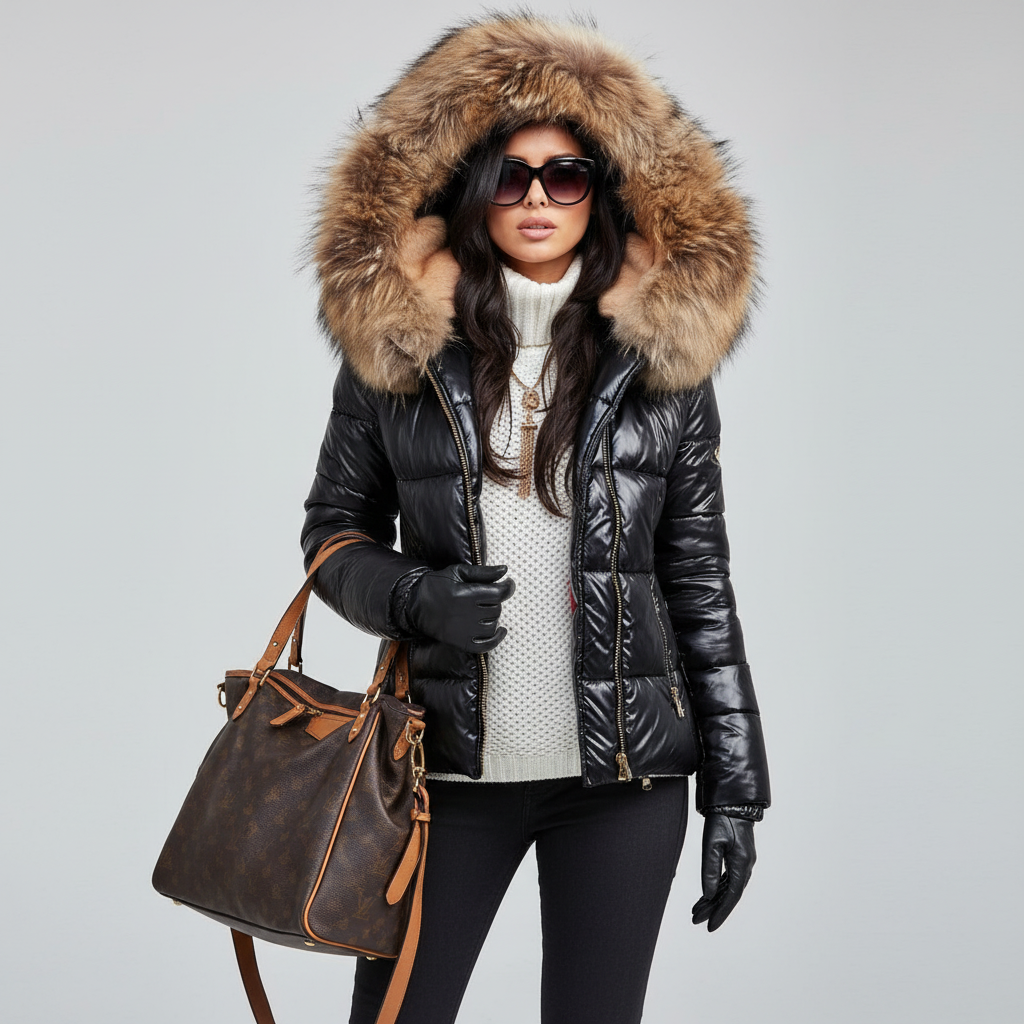 Model against a plain grey backdrop wearing the glossy black quilted jacket with fur-trimmed hood, black gloves and a brown handbag. 2