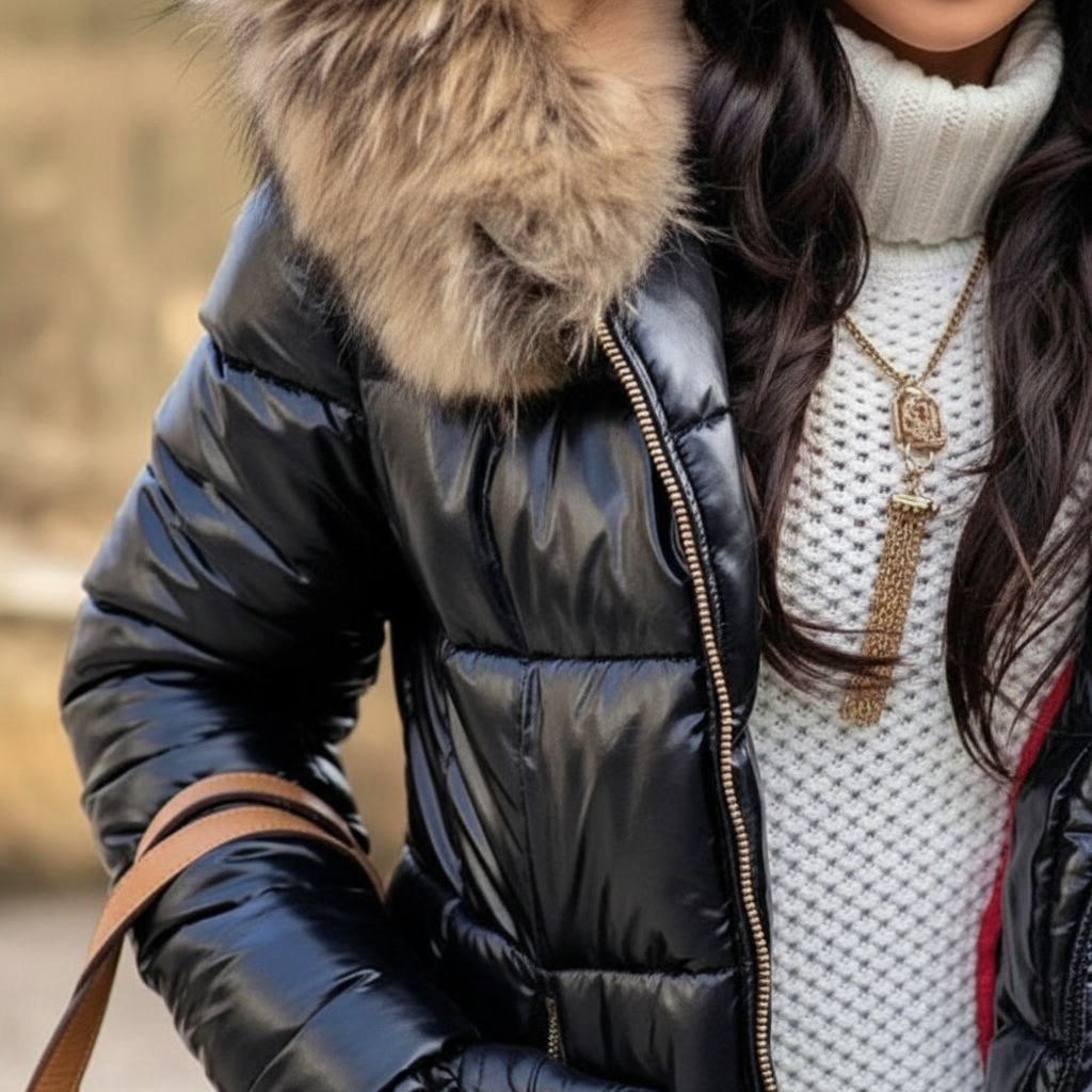 Close-up of the glossy black quilted body, gold zip and fur hood edge, worn over a cream knit jumper. 3