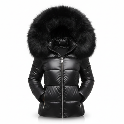 Glossy black quilted jacket with full black fur-trimmed hood and silver zips, shown front on against a white background. 4