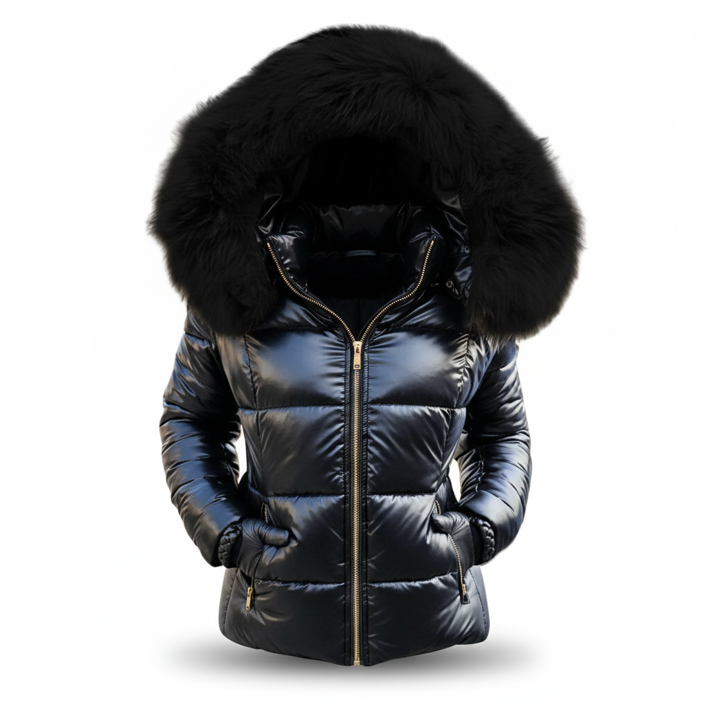 Glossy black quilted jacket with black fur-trimmed hood and gold zip, shown front on with gloved hands in the pockets. 5
