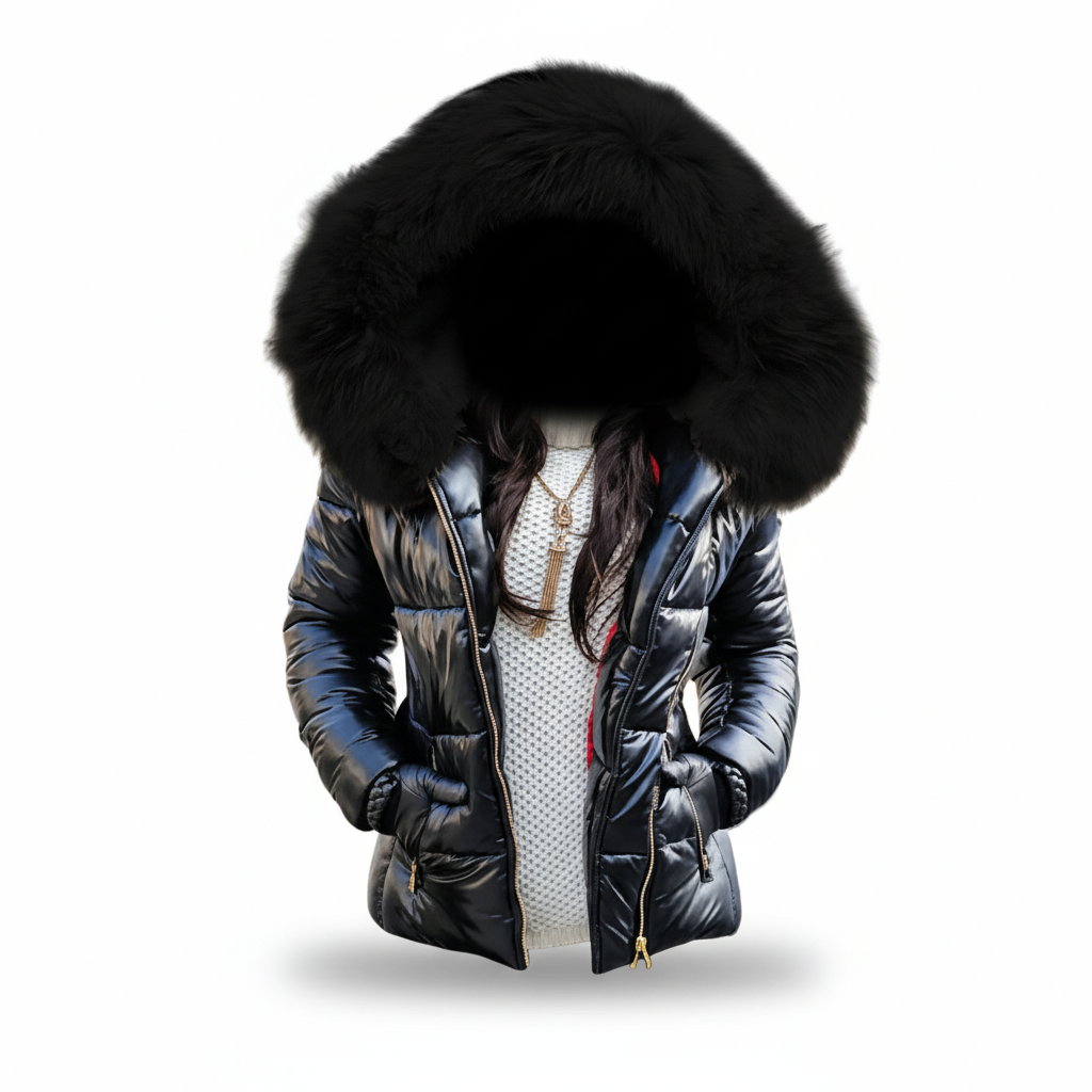 Black quilted jacket with large black fur hood, worn open over a cream knit jumper with a long gold tassel necklace. 7