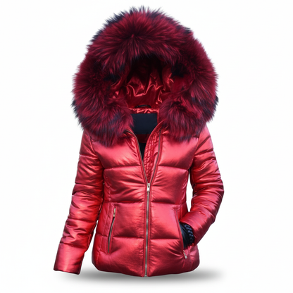 Metallic red quilted jacket with deep red fur-trimmed hood, silver zips and side zip pockets, shown front on. 9